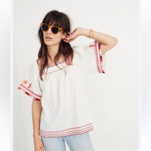 Madewell White Embroidered Peasant Blouse with Pink & Orange Trim